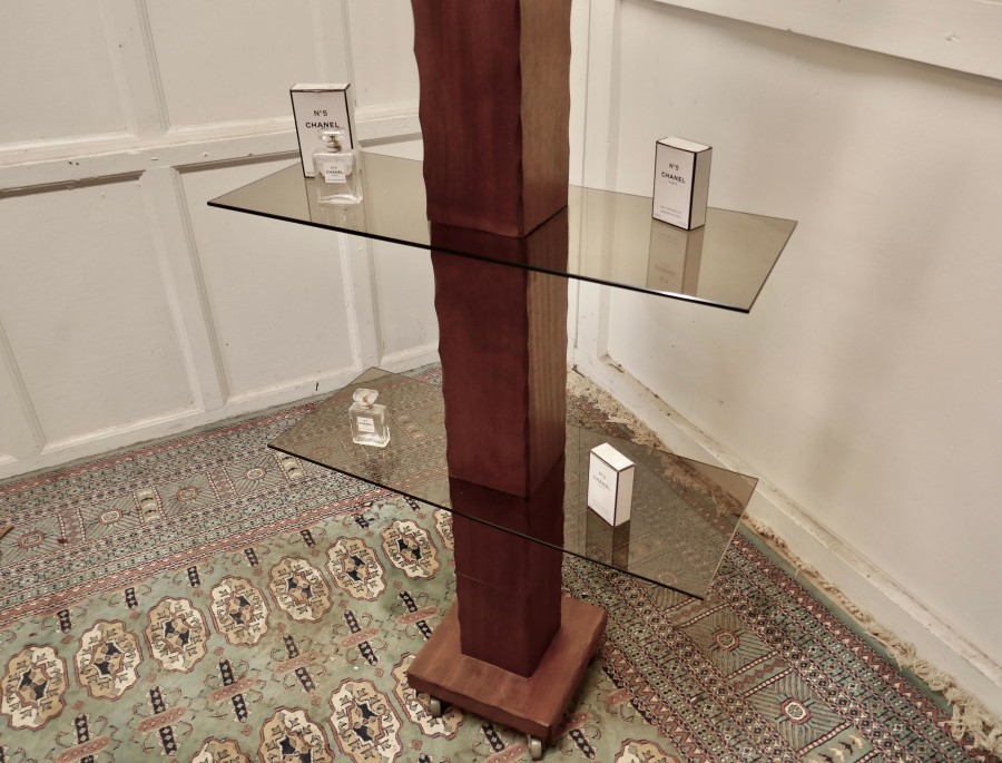 French Mid Century Modern Teak and Smoked Glass Etagère, Display Shelf - Image 6