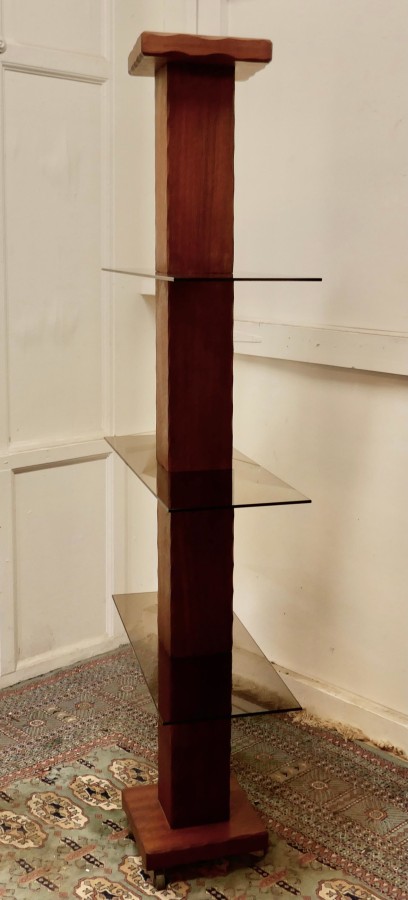 French Mid Century Modern Teak and Smoked Glass Etagère, Display Shelf - Image 7