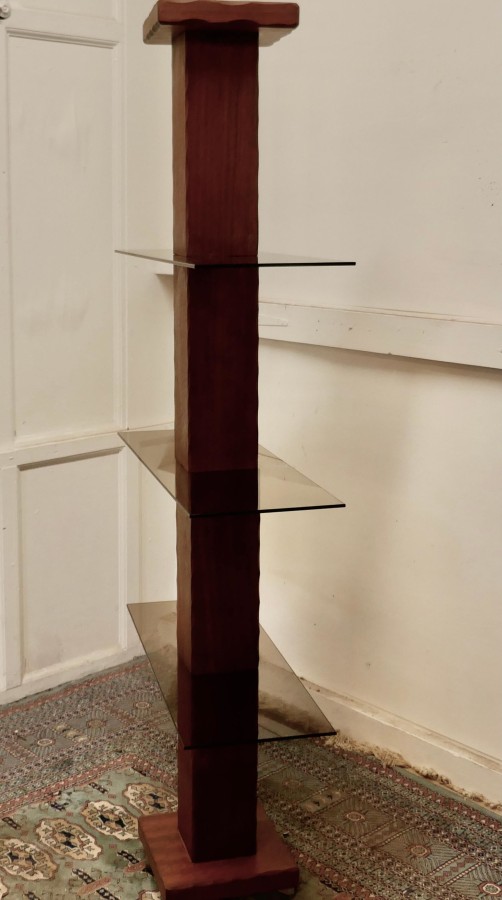 French Mid Century Modern Teak and Smoked Glass Etagère, Display Shelf - Image 8