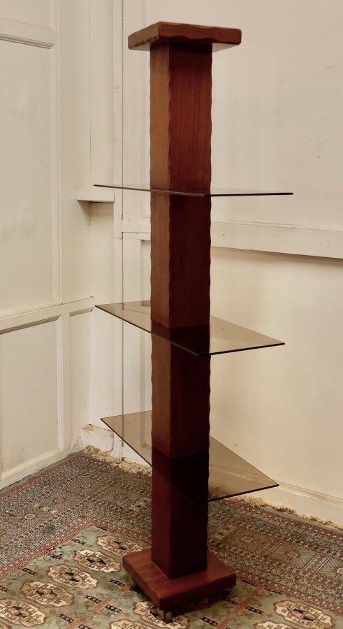 French Mid Century Modern Teak and Smoked Glass Etagère, Display Shelf - Image 9