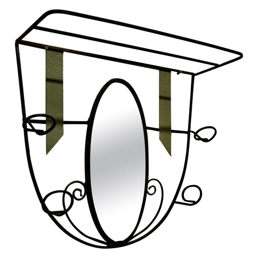 French Retro Chic Iron and Toleware Hat and Coat Rack with Oval Mirror