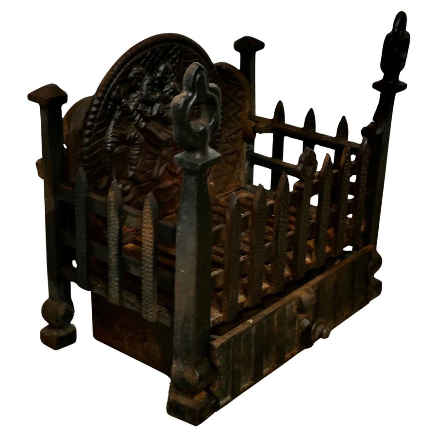 Gothic Style Free Standing Fire Basket with Decorative Back and Ash Pan