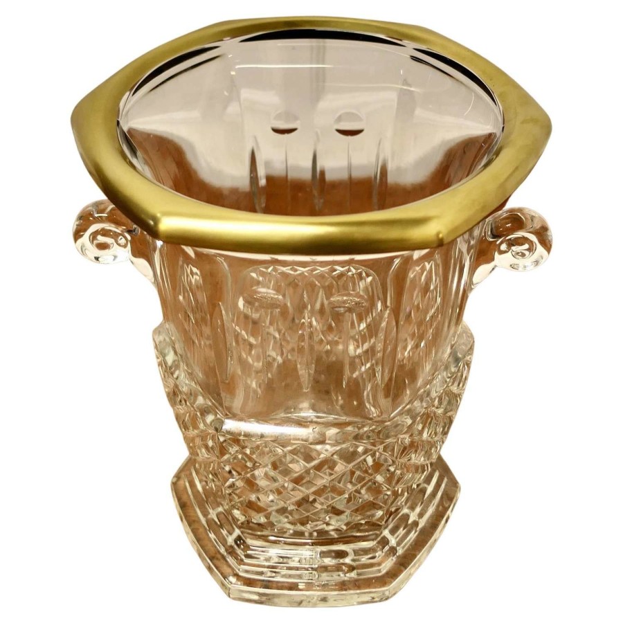 Hand Cut French Art Deco Crystal Wine Cooler with Gilded Top Rim c