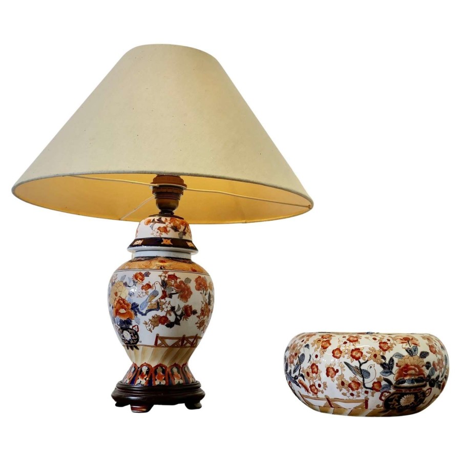 Imari Vase Lamp and Bowl with Cover A Lovely Vintage set, a ginger jar vase