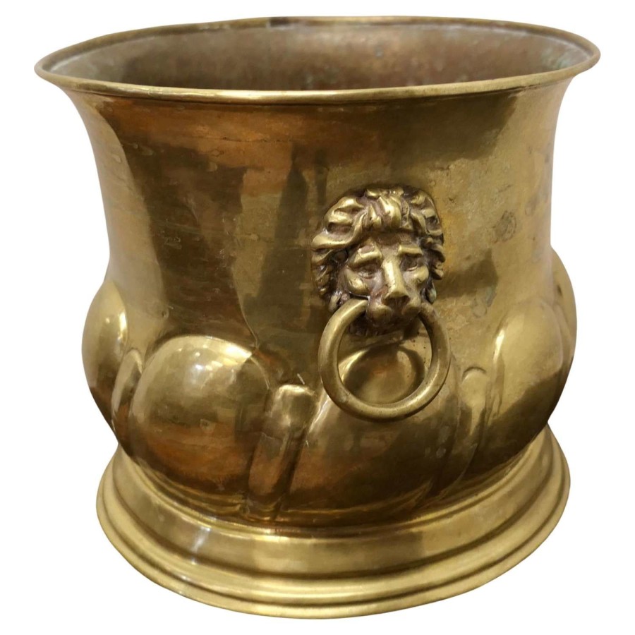 Large Arts and Crafts Brass Jardiniere with Lions Mask Handles