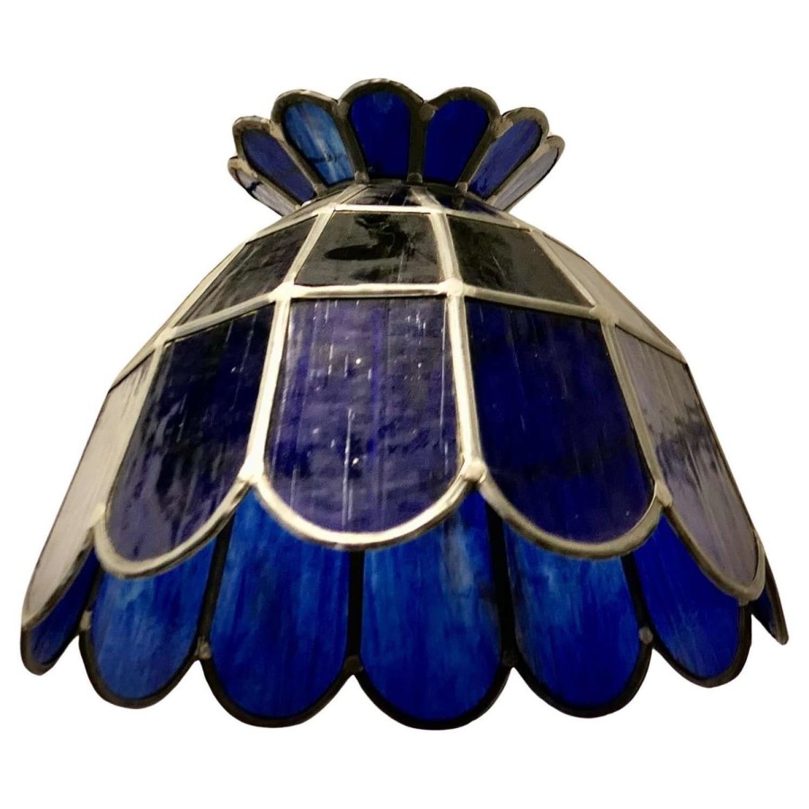Large Arts and Crafts Cobalt Blue Leaded Glass Pendant Lamp