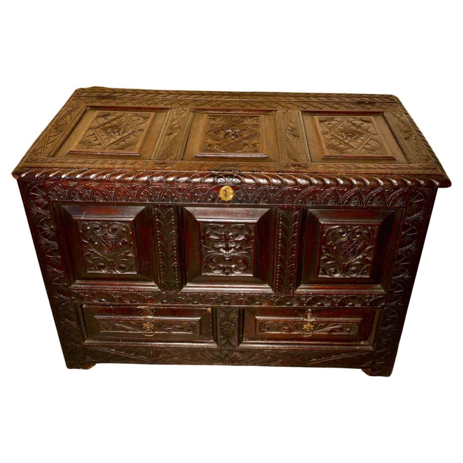 Large Carved Oak Mule Chest, Green Man Marriage Chest