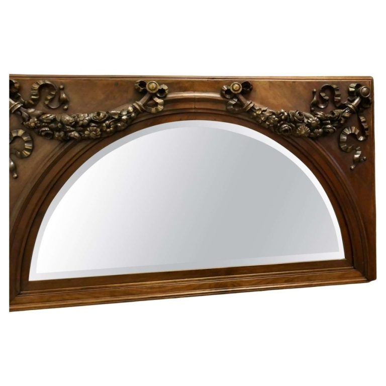 Large Carved Walnut Arched Overmantel Mirror