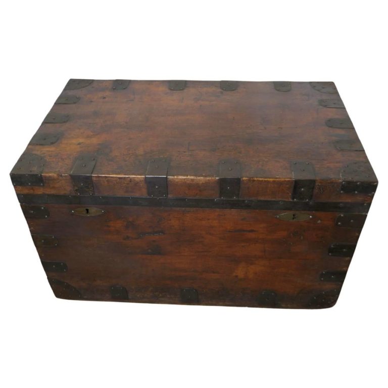 Large Lined Iron Banded Travel Trunk made by H D Dean