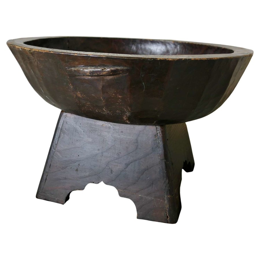 Large Oriental Hand Carved Wooden Bowl on Stand