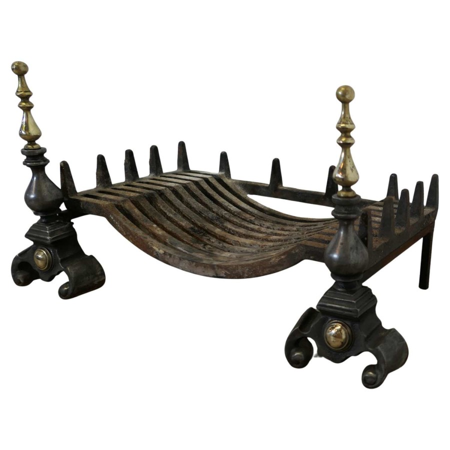 Large Polished Steel and Brass Log Grate on Andirons