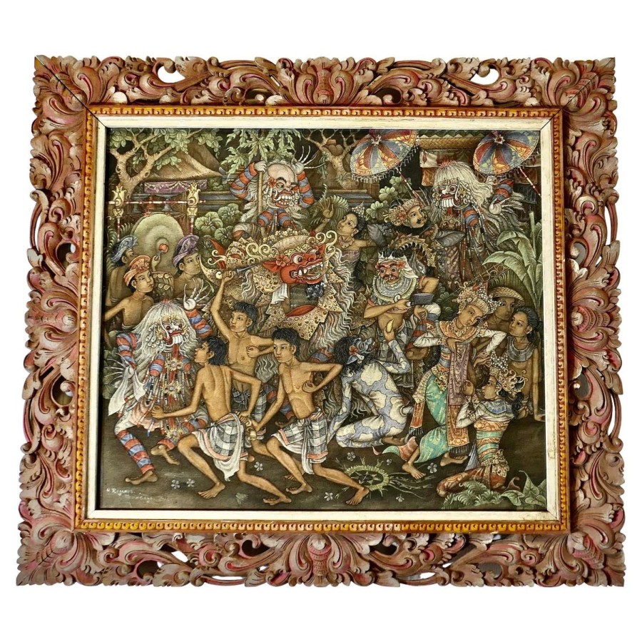 Mythical Balinese Painting in Original Carved Frame by W Rejamus