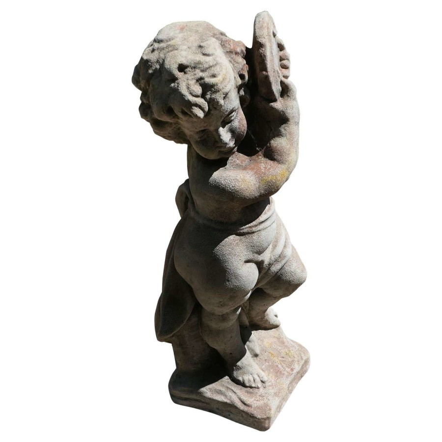 Old Weathered Statue of a Putti Playing Tambourine