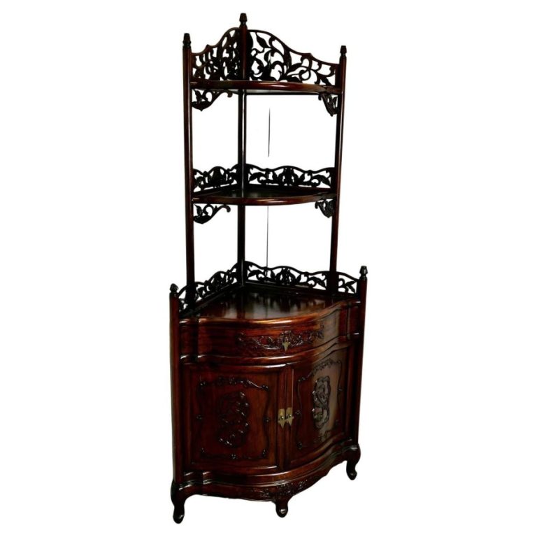 Oriental Style Carved Corner Etagere with Cupboard and Drawer