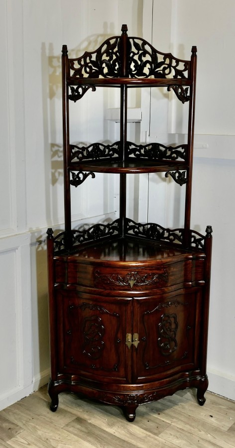 Oriental Style Carved Corner Etagere with Cupboard and Drawer - Image 3