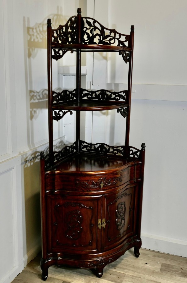 Oriental Style Carved Corner Etagere with Cupboard and Drawer - Image 4
