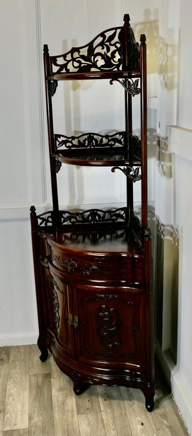 Oriental Style Carved Corner Etagere with Cupboard and Drawer - Image 5