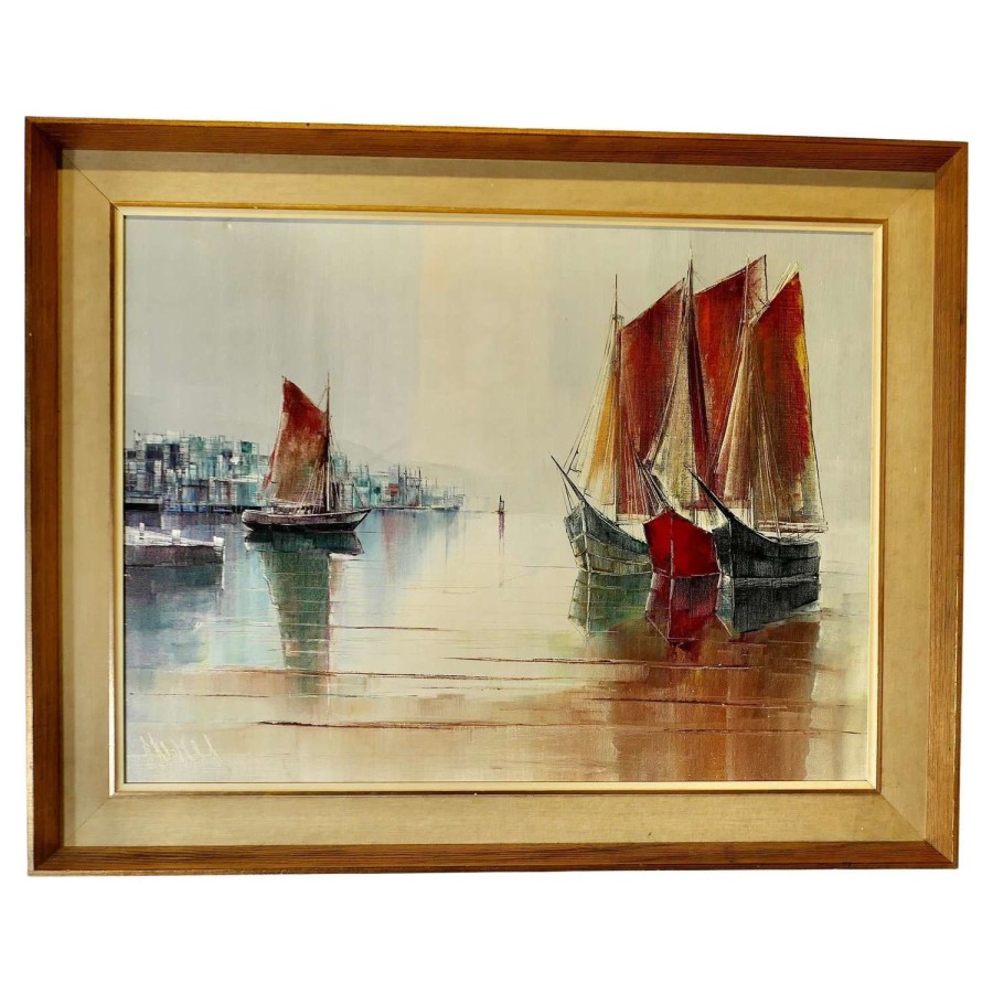 Original Signed Yachts in Harbour Oil Painting A desirable original