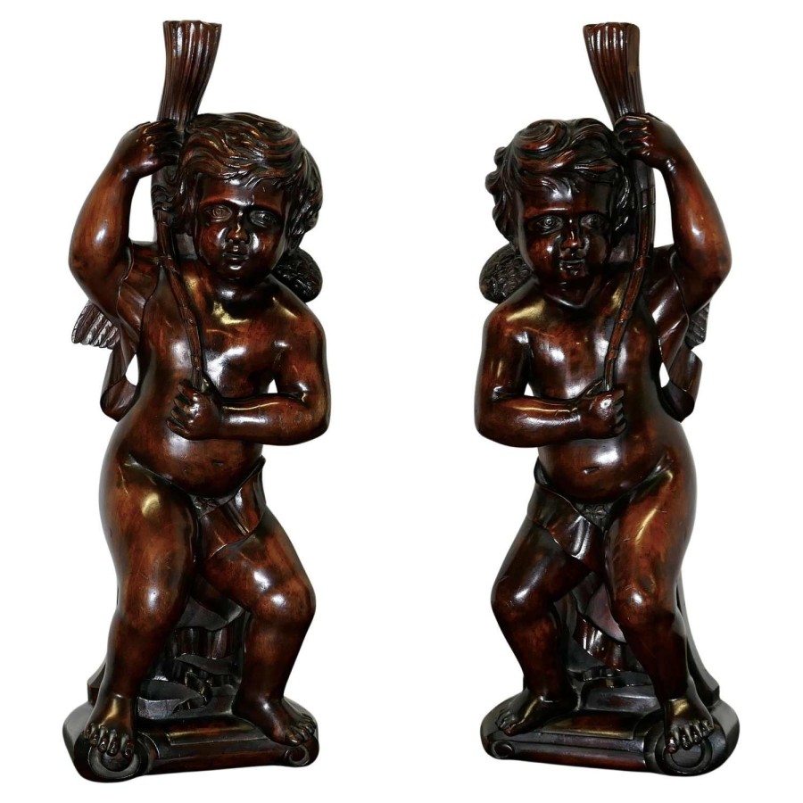 Pair of 18th Century Carved Walnut Putti, Twin Caryatid