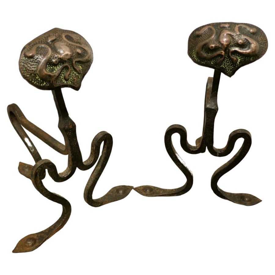 Pair of Arts and Crafts Copper and Iron Andirons or Fire Dogs
