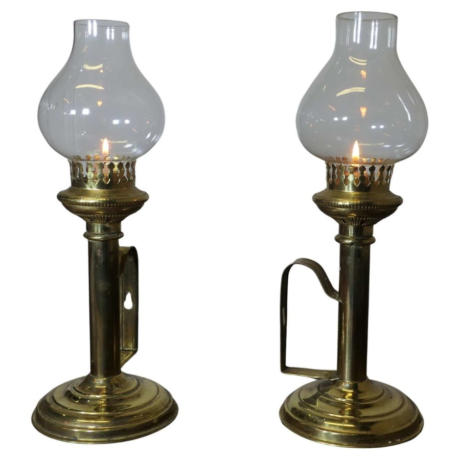 Pair of Brass Candlesticks with Glass Chimneys Wall or Table Chamber Sticks