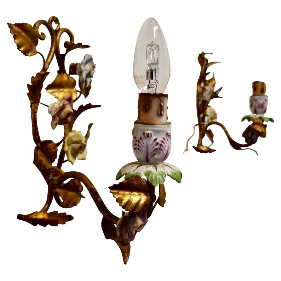 Pair of French Ceramic and Toleware Gilded Wall Lights