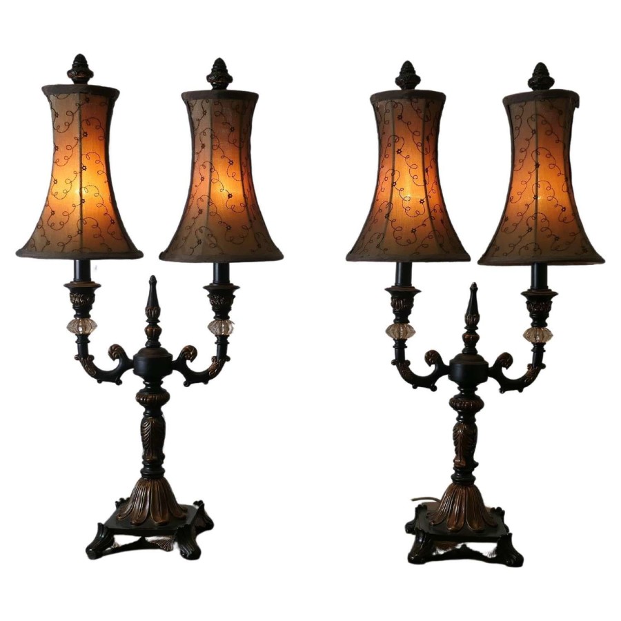 Pair of Large Art Deco Hollywood Regency Twin Table Lamps b