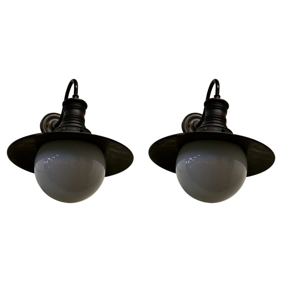 Pair of Large Copper and Globe Industrial Wall Lights