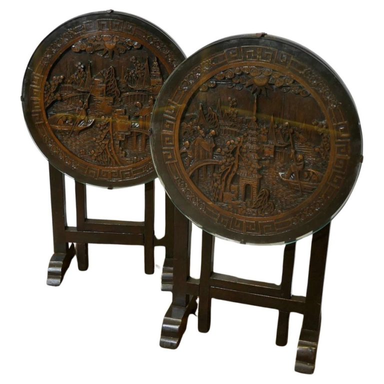 Pair of Round Carved Oriantal Folding Side Tables A very useful duet