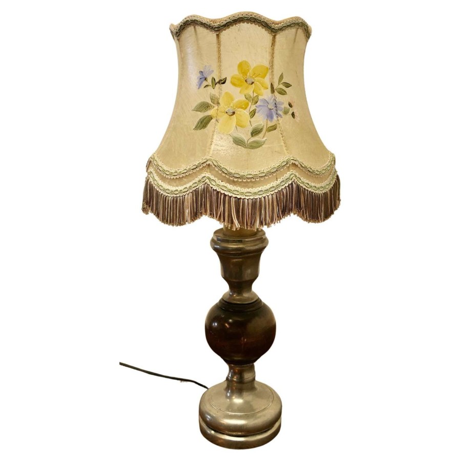 Pewter and Turned Wooden Table Lamp with Hand Painted Shade