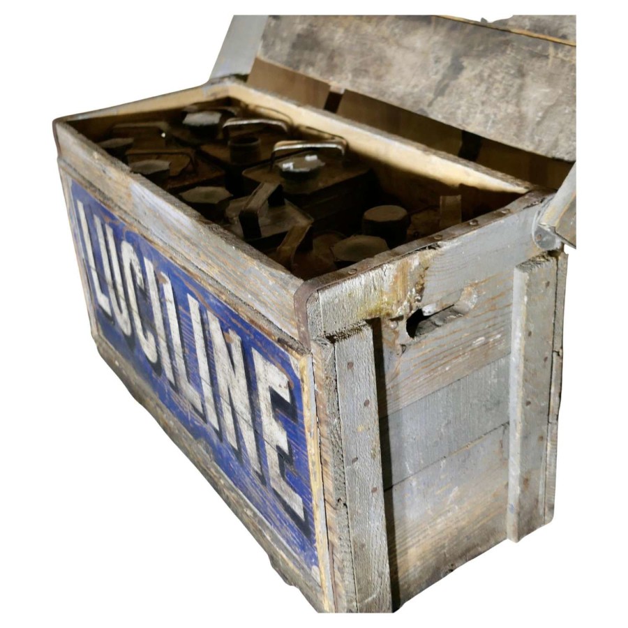 Rare Vintage Luciline Fuel Cans and Advertising Crate Dating from the