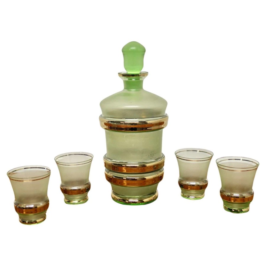 Retro Green and Gold Glass Sherry Decanter and 4 Glasses Undoubtedl