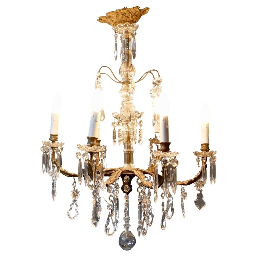 Stunning French Cristal 6 Branch Brass Chandelier