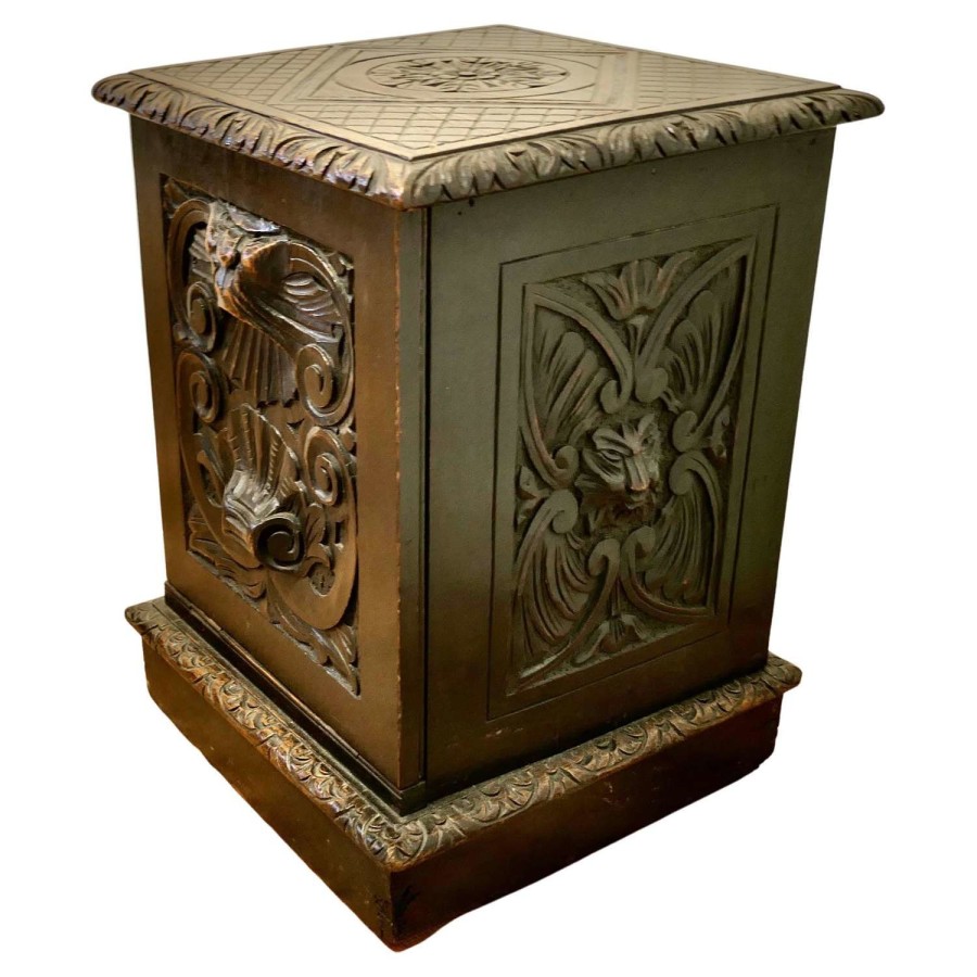 Victorian Gothic Carved Oak Green Man Coal or Log Box