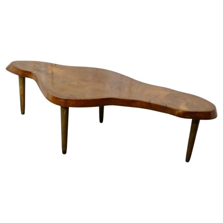 Vintage Handcrafted Freeform Live Edge Solid Elm Slab Coffee Table