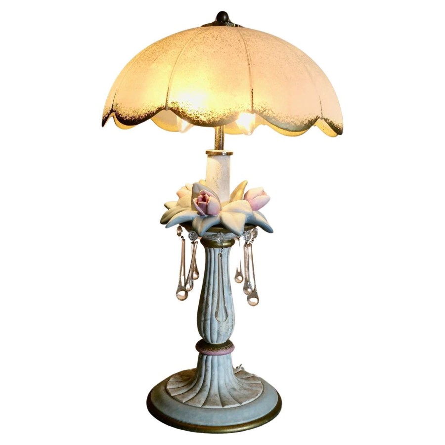 Vintage Italian Table Lamp in Porcelain and Glass