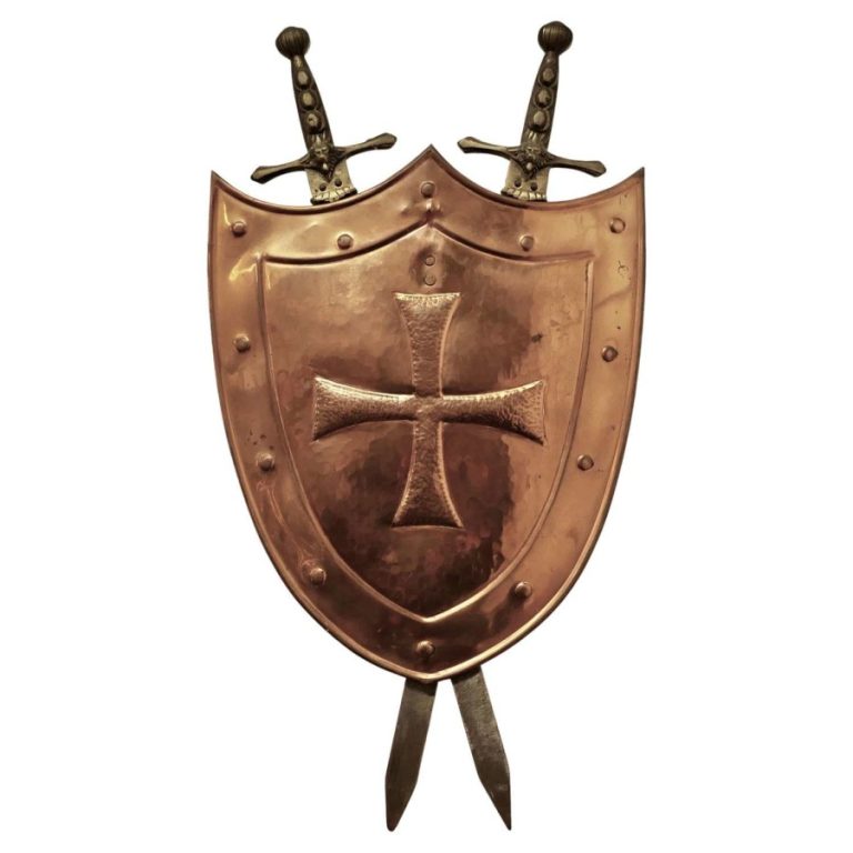Wall Hanging Arts and Crafts Copper Shield with Cross Swords