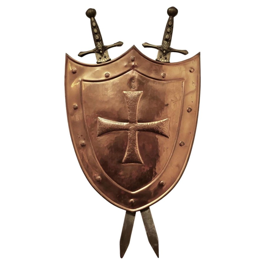 Wall Hanging Arts and Crafts Copper Shield with Cross Swords