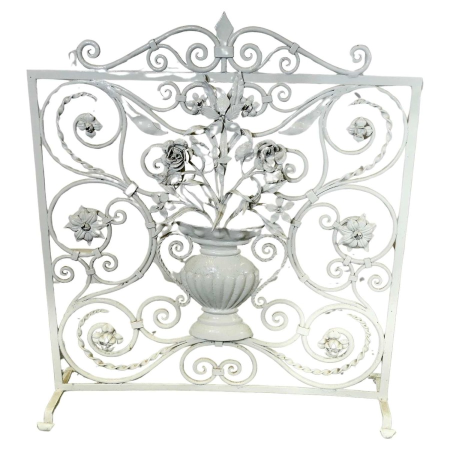 White Wrought Iron and Toleware Fire screen Decorated with Flowers