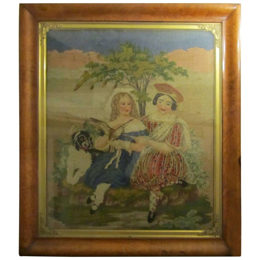 19th Century Romantic Scottish Tapestry in Maple Frame