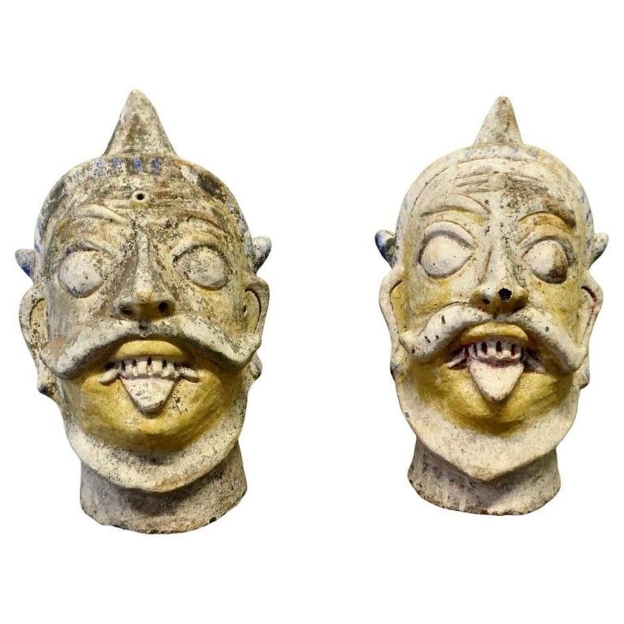2 Antique Large Indian Terracotta Tent Pole Tops