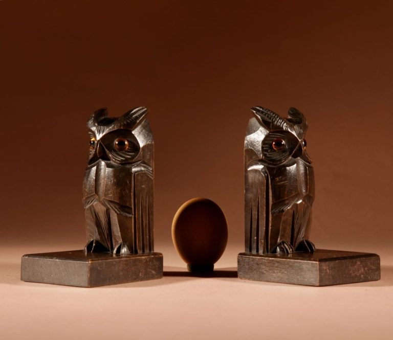 Black Forest Small Amusing Pair Of Owl Carved Bookends/ letter stand Circa 1900-20.