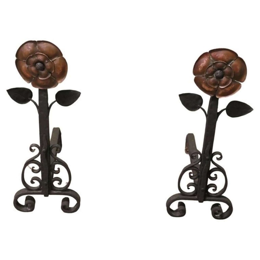 A Pair of Large Arts and Crafts Copper and Iron Andirons or Fire Dogs