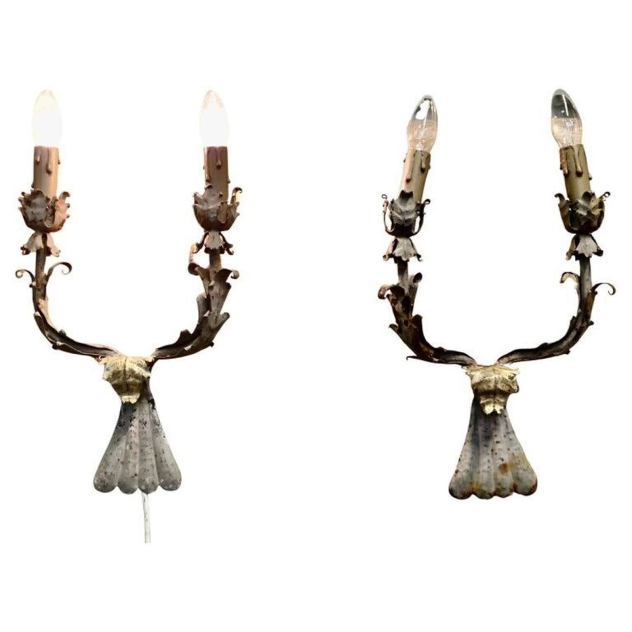 A Pair of Shabby Chic Toleware Lights