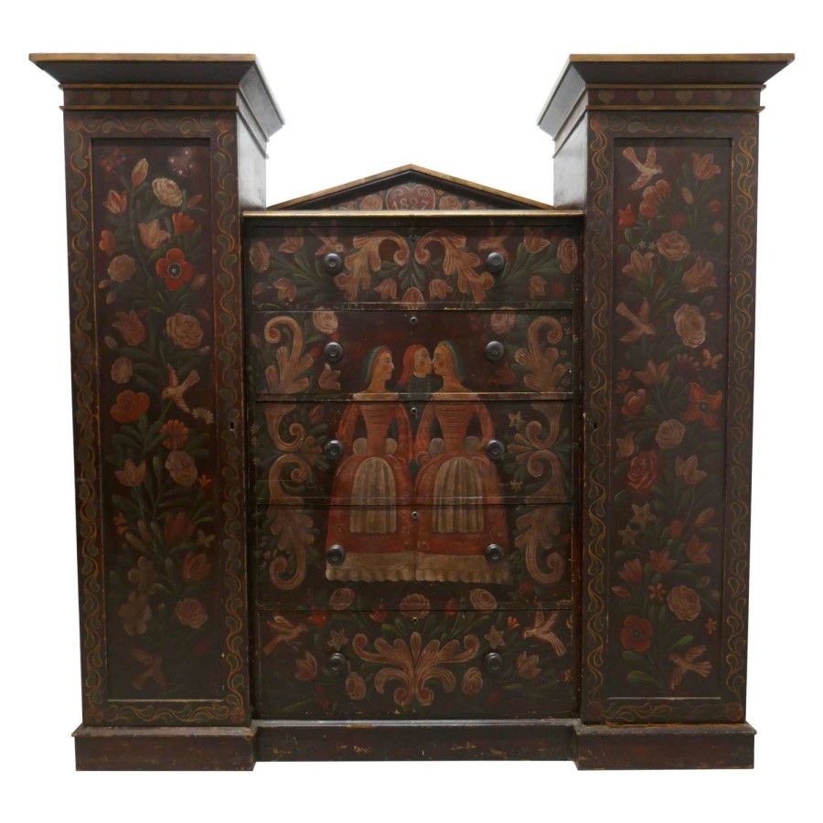 American 19th Century Painted Folk Art Marriage Chest and Hanging Cupb