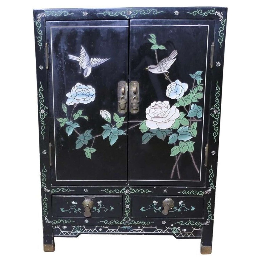 Black Chinoiserie Lacquer Cupboard Decorated with Birds and Flowers