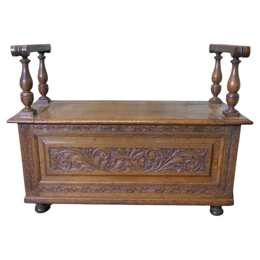 Carved Green Man Golden Oak Coffer, Hall Seat
