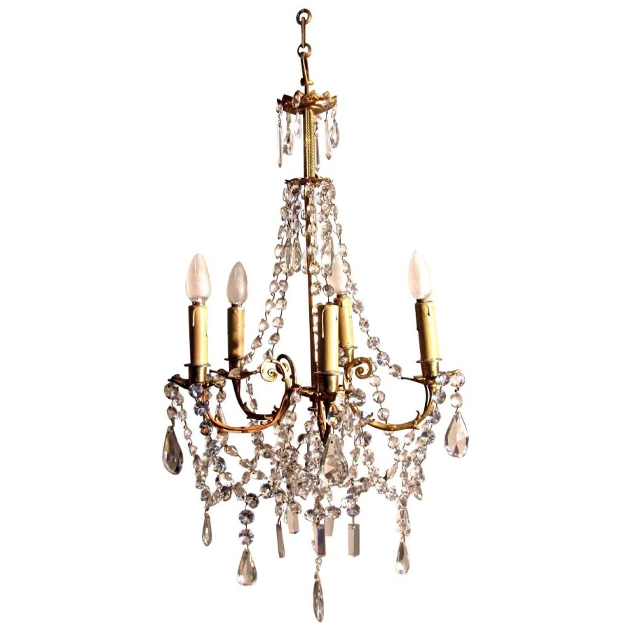Charming and Large French Cut Glass and Brass Five Branch Chandelier