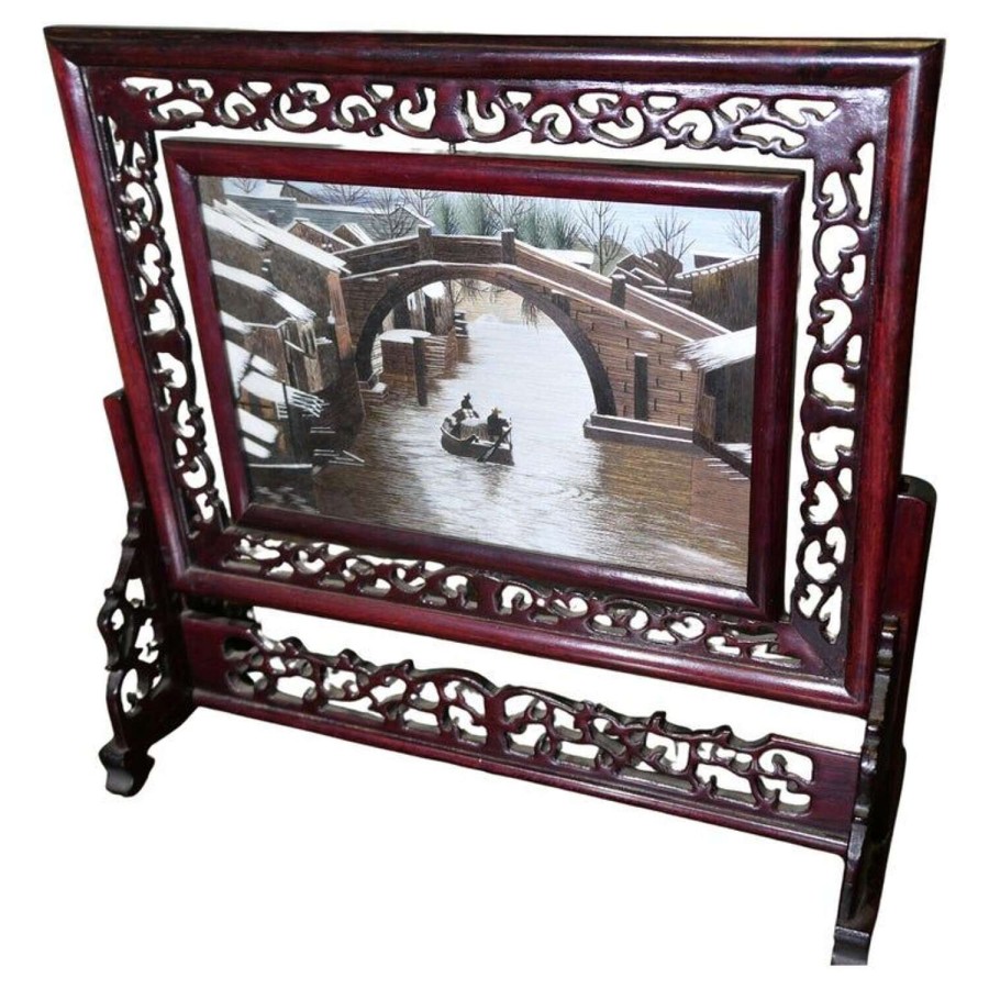Chinese Silk Table Screen with Intricately Carved Stand