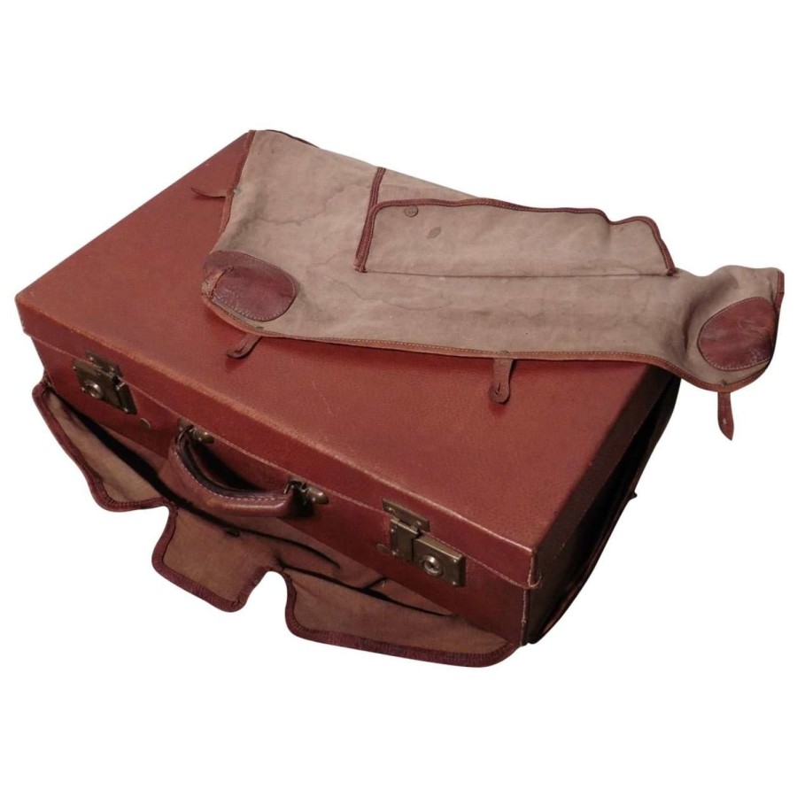 French Art Deco Leather Suit Case with Original Canvas Cover